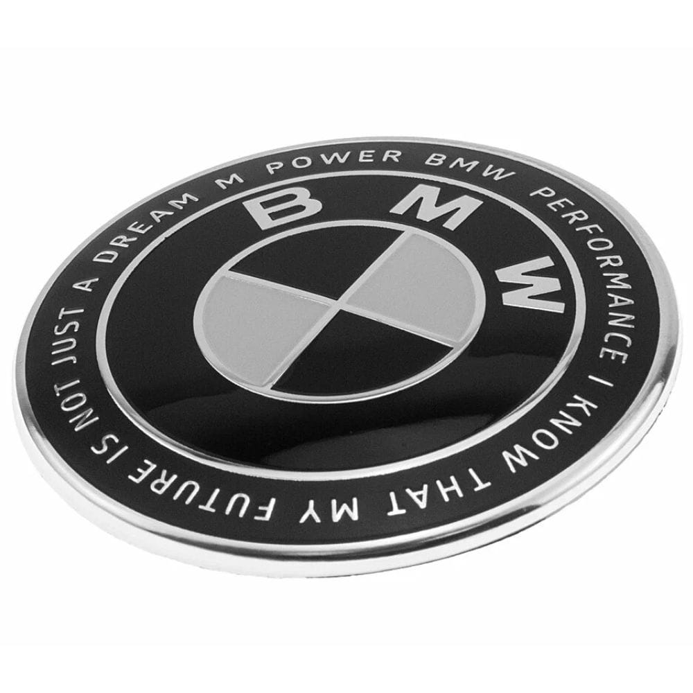 Insignia BMW PERFORMANCE I KNOW THAT MY FUTURE IS NOT JUST A DREAM M POWER de 82 MM para capó o maletero