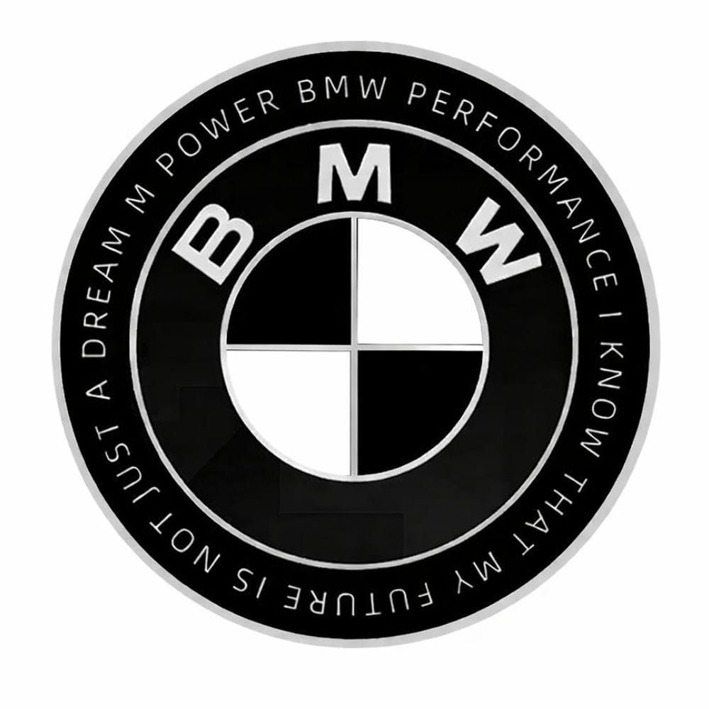 Emblema BMW blanco y negro edición especial con letras; BMW PERFORMANCE I KNOW THAT MY FUTURE IS NOT JUST A DREAM M POWER