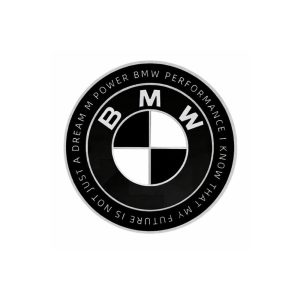 Emblema BMW blanco y negro edición especial con letras; BMW PERFORMANCE I KNOW THAT MY FUTURE IS NOT JUST A DREAM M POWER de 45 MM