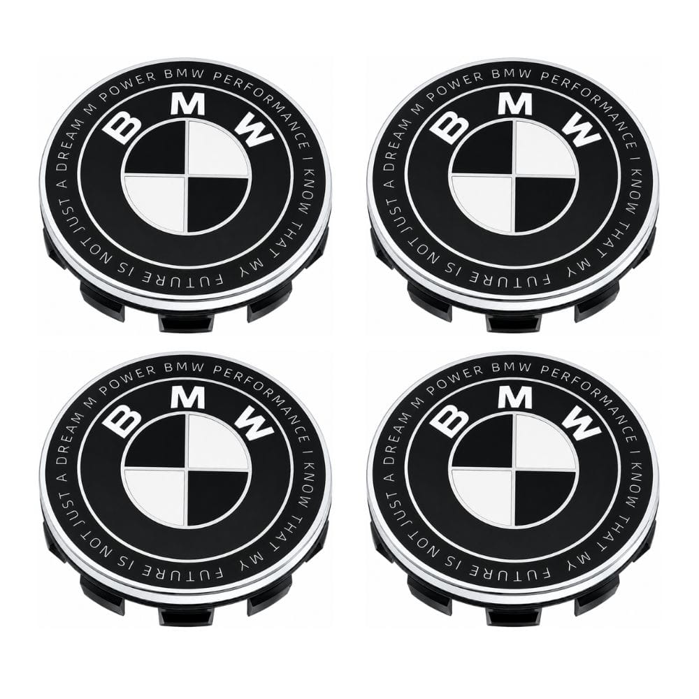 Emblema BMW blanco y negro edición especial con letras; BMW PERFORMANCE I KNOW THAT MY FUTURE IS NOT JUST A DREAM M POWER de 56 MM para llantas