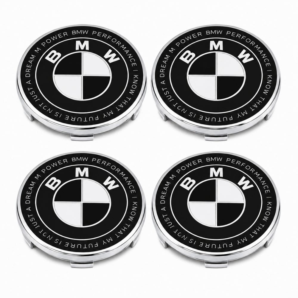 Emblema BMW blanco y negro edición especial con letras; BMW PERFORMANCE I KNOW THAT MY FUTURE IS NOT JUST A DREAM M POWER de 60 MM para llantas