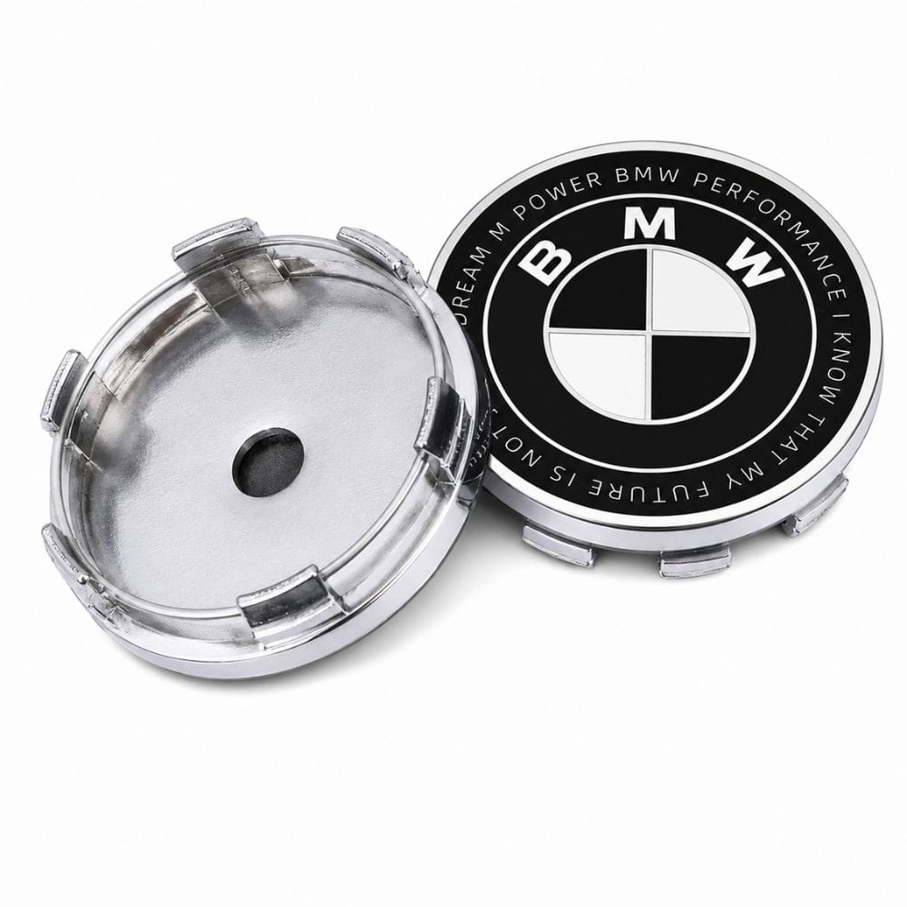 Emblema BMW blanco y negro edición especial con letras; BMW PERFORMANCE I KNOW THAT MY FUTURE IS NOT JUST A DREAM M POWER de 60 MM para llantas