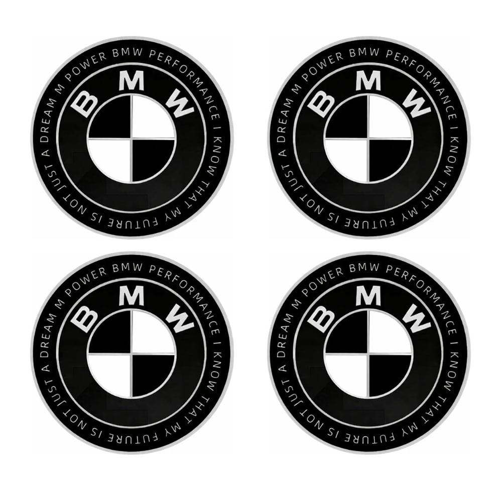 Emblema BMW blanco y negro edición especial con letras; BMW PERFORMANCE I KNOW THAT MY FUTURE IS NOT JUST A DREAM M POWER de 65 MM para llantas adhesivo