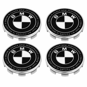 Emblema BMW blanco y negro edición especial con letras; BMW PERFORMANCE I KNOW THAT MY FUTURE IS NOT JUST A DREAM M POWER de 68 MM para llantas