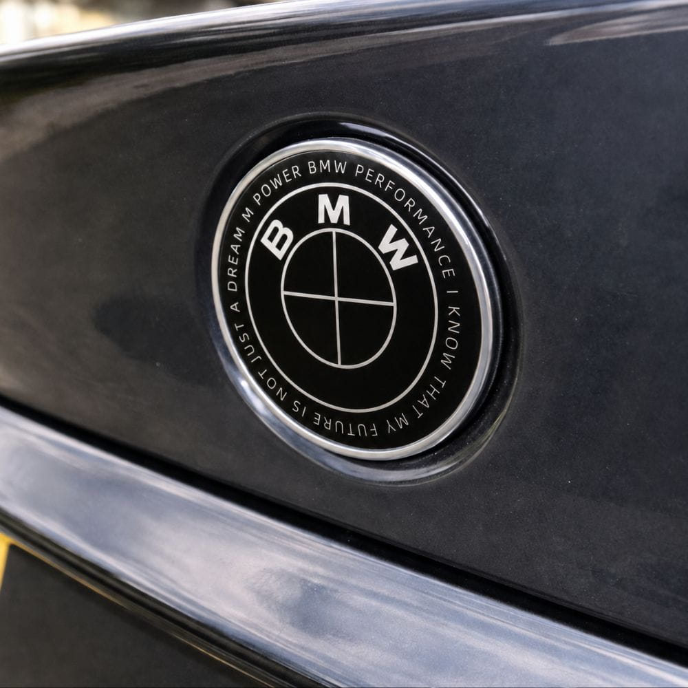 Emblema BMW estilo Full Black edición especial con letras; BMW PERFORMANCE I KNOW THAT MY FUTURE IS NOT JUST A DREAM M POWER