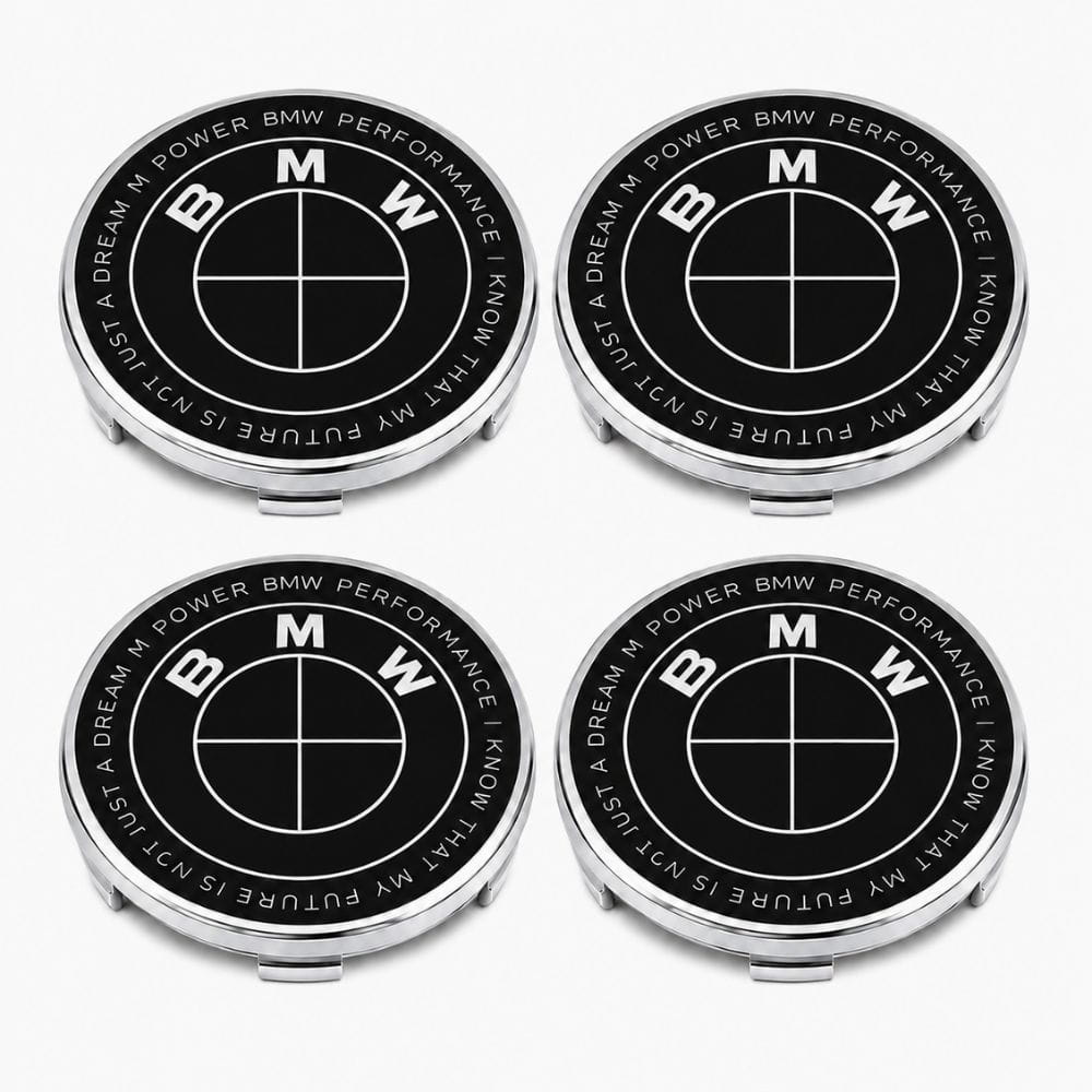 Emblema BMW blanco y negro edición especial con letras; BMW PERFORMANCE I KNOW THAT MY FUTURE IS NOT JUST A DREAM M POWER de 60 MM para llantas