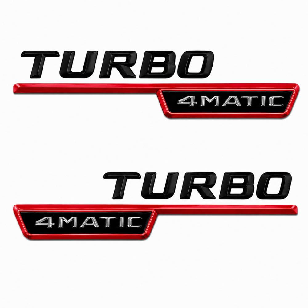 Emblema TURBO 4MATIC para aletas laterales negro brillo y rojo con AMG cromado