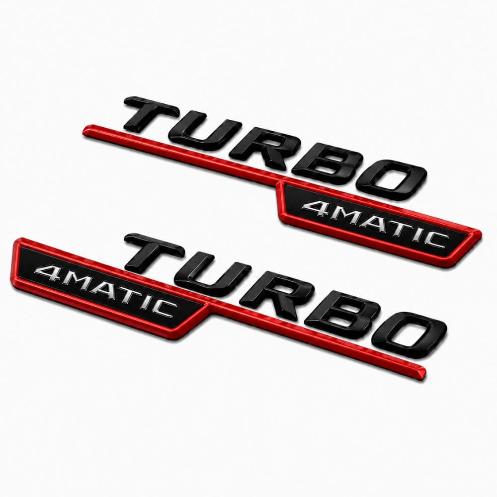 Emblema TURBO 4MATIC para aletas laterales negro brillo y rojo con AMG cromado