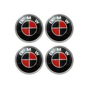 Emblemas adhesivos rojo/negro fibra de carbono para centro de llantas compatibles con BMW 65 MM