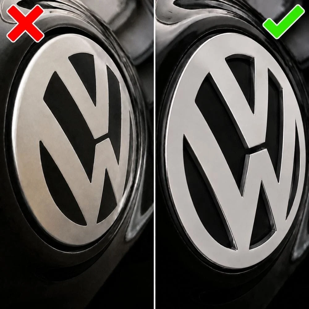 Emblema Volkswagen negro brillo para portón trasero con pestañas compatible con Golf V, EOS, Passat B6