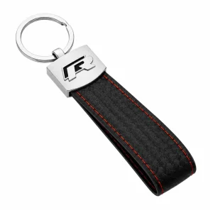 Llavero Volkswagen R con acabado en cuero con patrón de fibra de carbono y costuras rojas