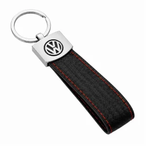Llavero Volkswagen con acabado en cuero con patrón de fibra de carbono y costuras rojas