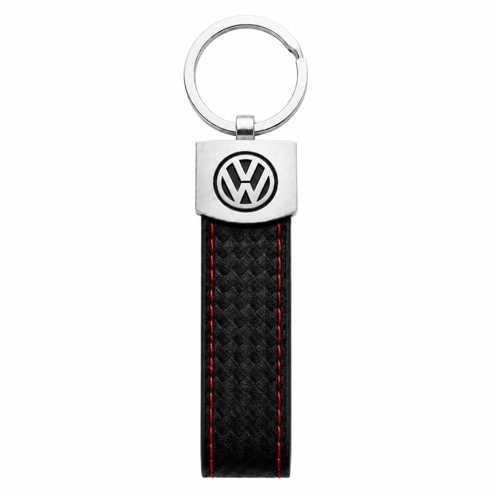 Llavero Volkswagen con acabado en cuero con patrón de fibra de carbono y costuras rojas