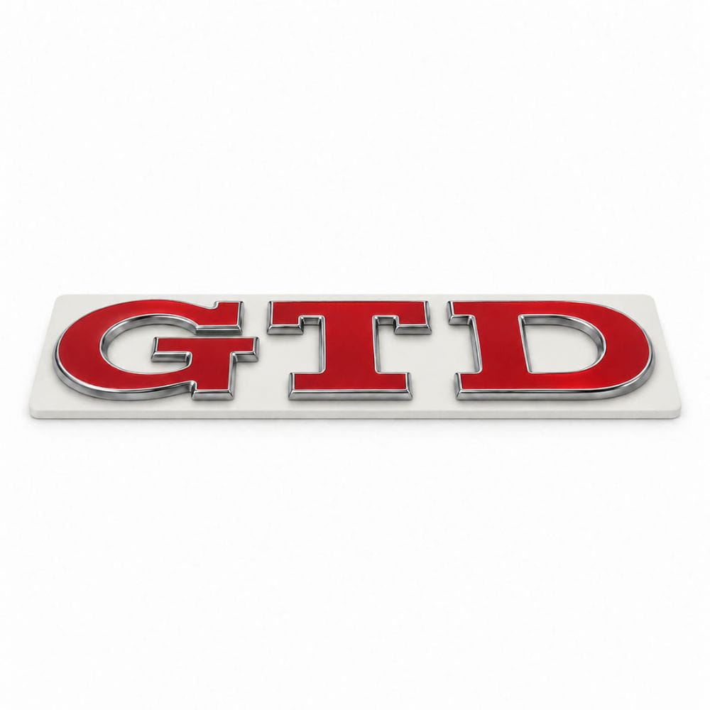 Emblema metálico GTD rojo con borde cromado para portón trasero de Golf VI y VII con relieve