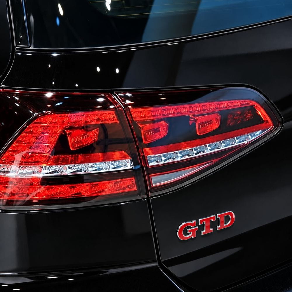Emblema metálico GTD rojo con borde cromado para portón trasero de Golf VI y VII con relieve