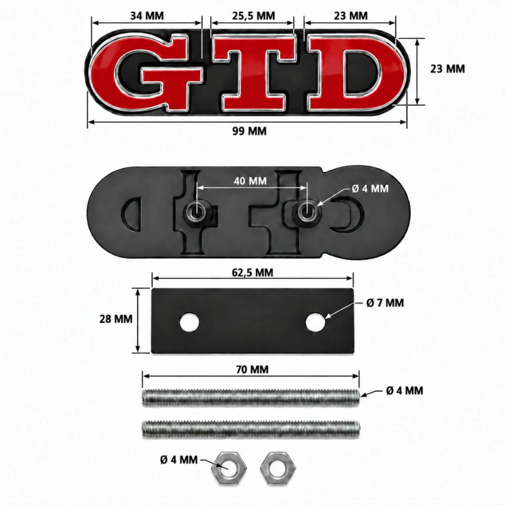 Emblema metálico GTD rojo con borde cromado para parrilla frontal de Golf VI y VII con relieve