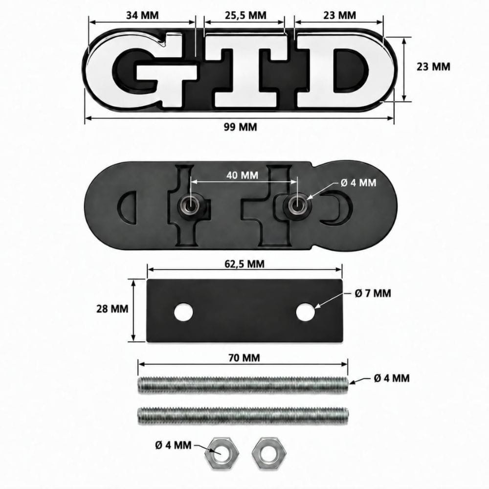 Emblema metálico GTD cromado para parrilla de Golf VI y VII con relieve