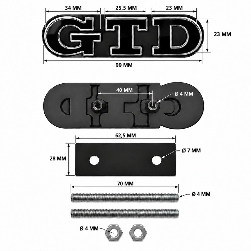 Emblema GTD negro con borde cromado para parrilla frontal de VW Golf 6, 7 y 7.5.