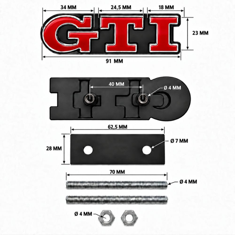 Emblema GTI rojo y cromado para parrilla delantera de VW Golf 5, 6, 7 y Polo IV, V, VI.