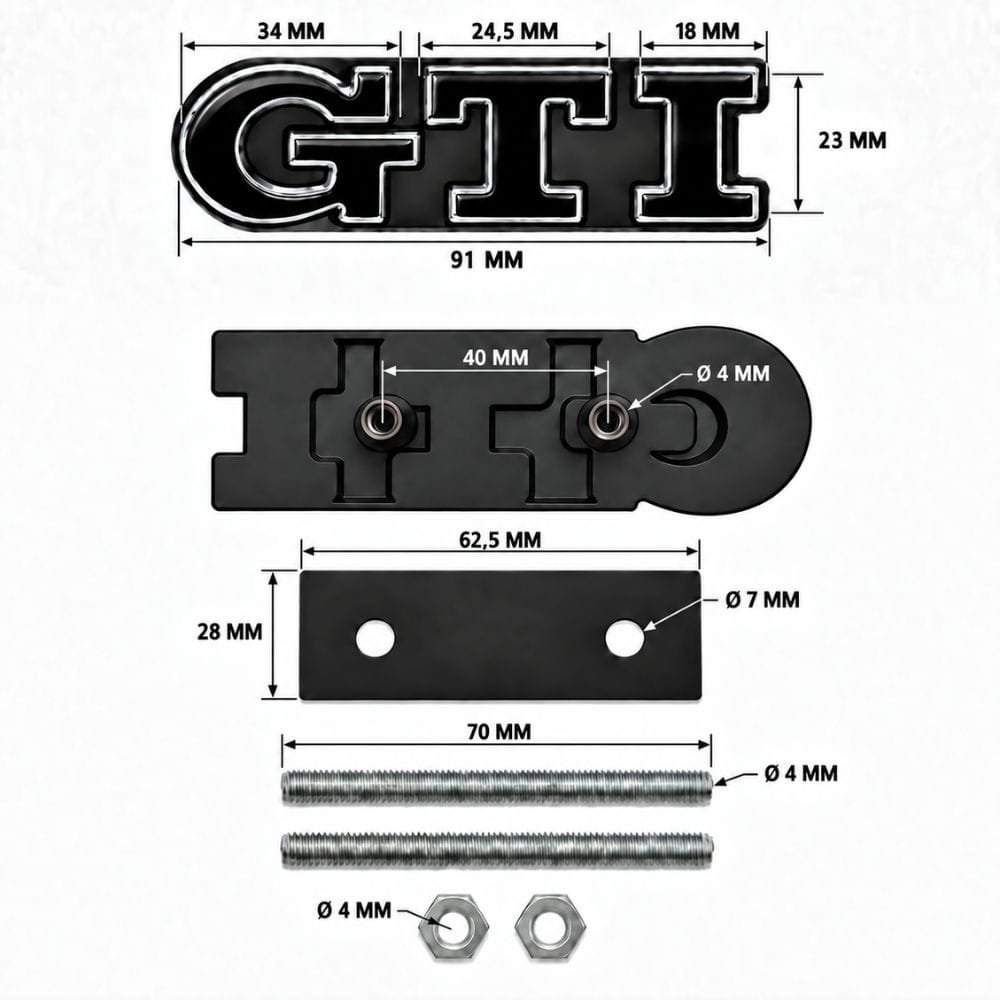 Emblema GTI negro y cromado para parrilla delantera de VW Golf 5, 6, 7 y Polo IV, V, VI.