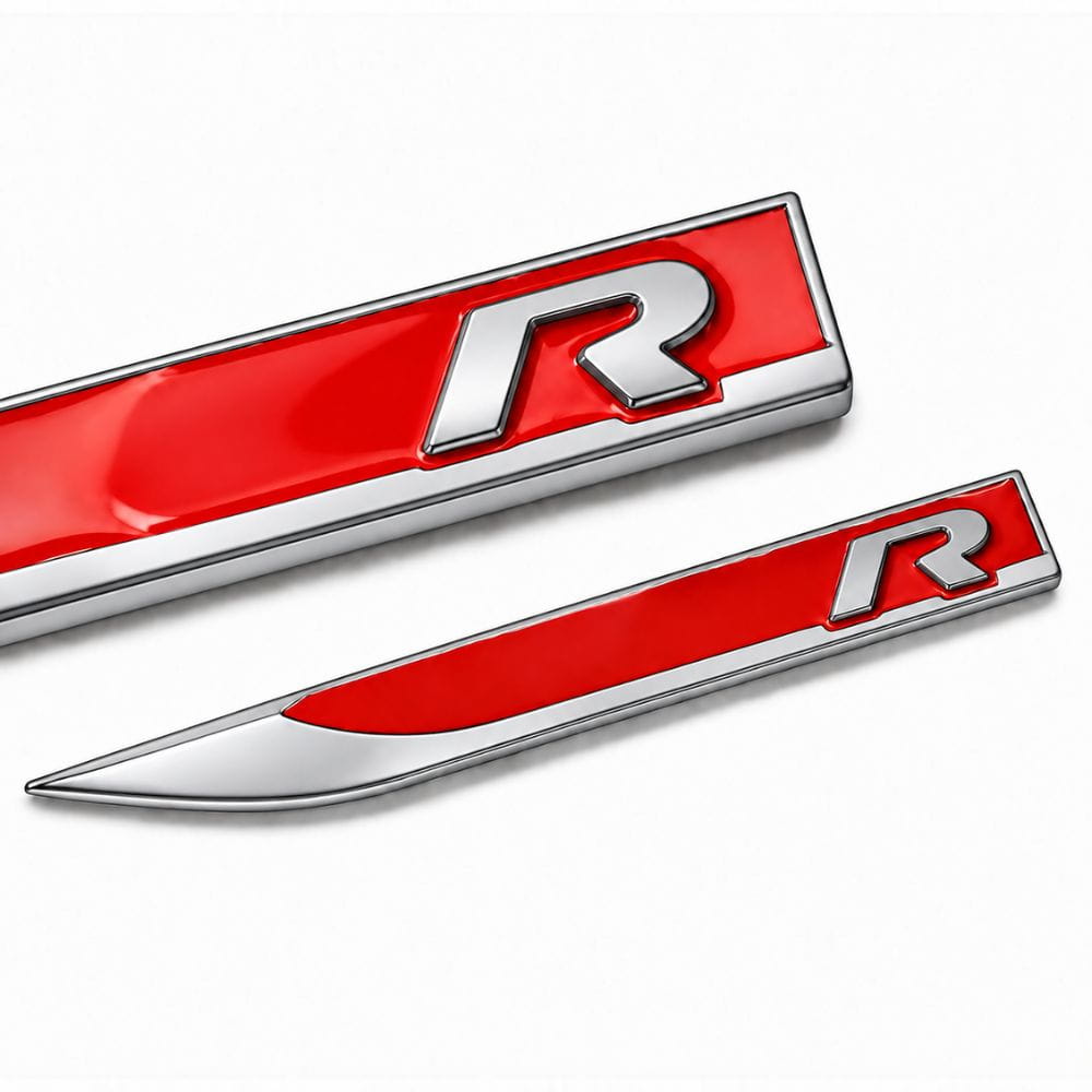 Emblema R rojo y cromado para aletas laterales de VW Golf, Scirocco, Tiguan y Polo.