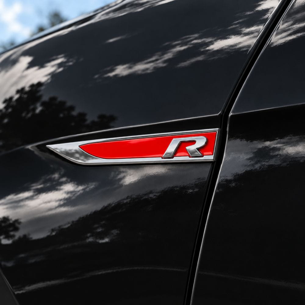 Emblema R rojo y cromado para aletas laterales de VW Golf, Scirocco, Tiguan y Polo.