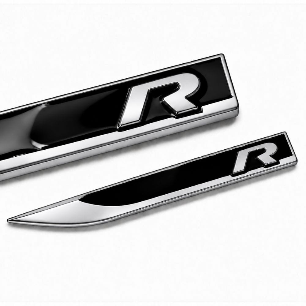 Emblema R negro y cromado para aletas laterales de VW Golf, Scirocco, Tiguan y Polo.