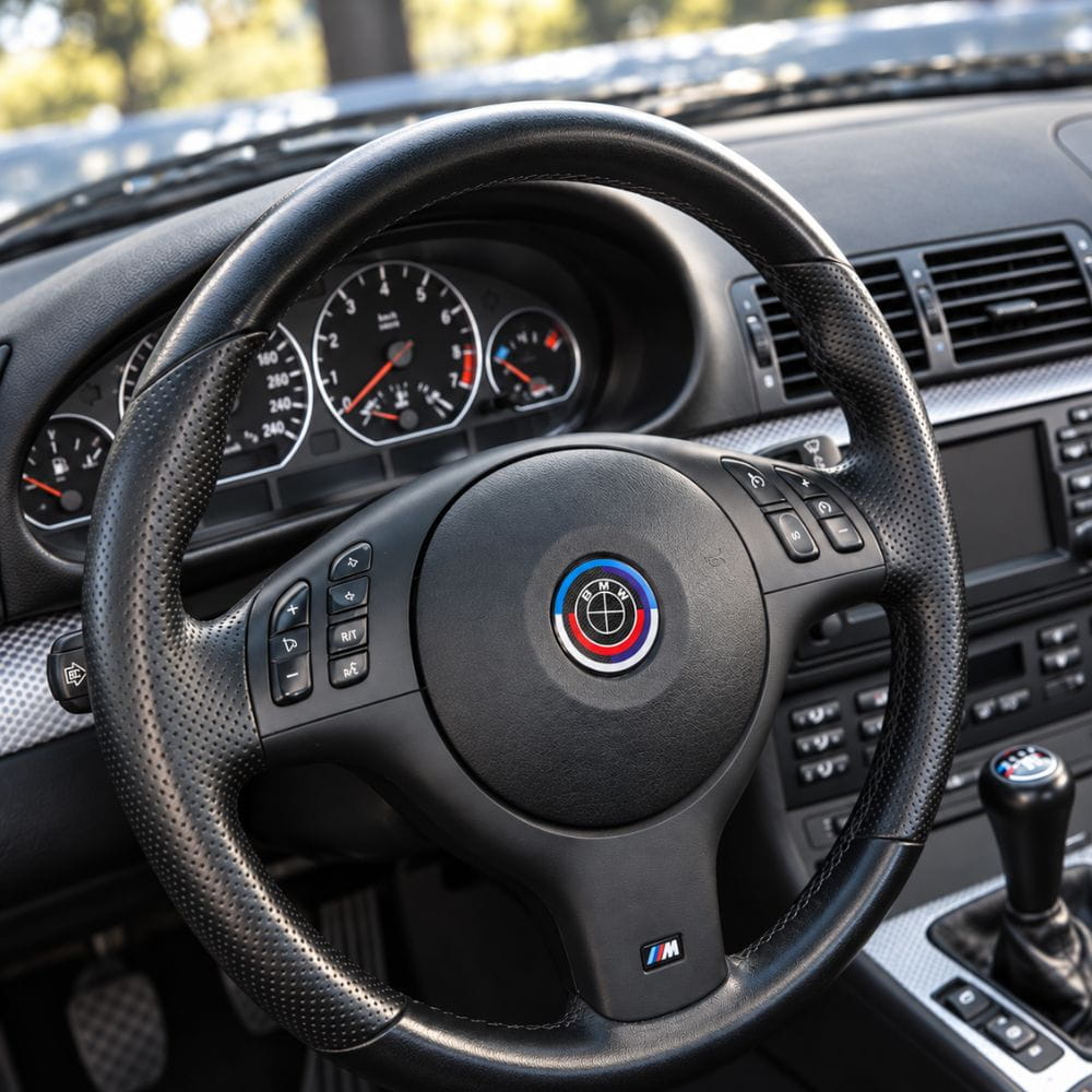 Kit de insignias 50 Aniversario en fibra de carbono oscura sobre coche BMW Serie 3 E46.