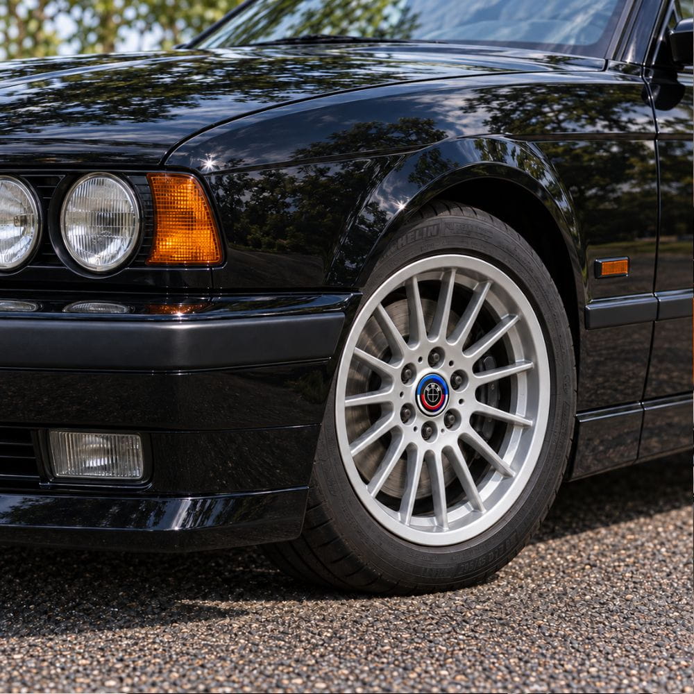 Kit de emblemas conmemorativas 50 Aniversario en fibra de carbono negra para BMW Serie 5 E34 berlina y Touring.